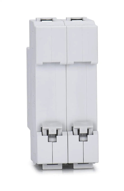 Front view of 32 Amp AC Miniature Circuit Breaker 2 Pole DIN Rail Mount Thermal Magnetic Trip Switch For Solar Or Home AC Systems 120 240V C Curve MCB 63 Amp Heavy Duty Overload And Short Circuit Protection