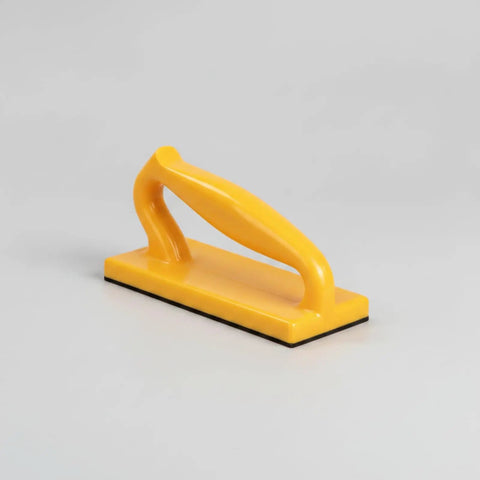 Yellow Flat Base Table Saw Push Guide Handles Jointer And Planer Duties Smooth As Silk Ergonomic Grip on a gray background.