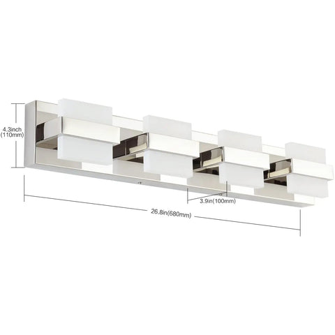 4 Light Chrome LED Vanity Light Fixtures Over Mirror, Modern Bathroom Lighting, 27 Inch, Warm White Glow, detailed dimensions shown