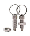 Rugged Stainless Steel Indexing Plunger With Smooth Grip Ring Handle And Retractable Pin for machine alignment, shown with nuts.