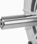 Air compressor motor shaft close-up; steel 5/8 in shaft with keyway, flywheel visible.