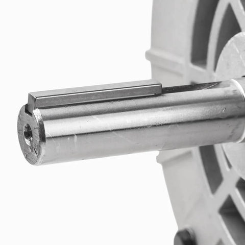 Air compressor motor shaft close-up; steel 5/8 in shaft with keyway, flywheel visible.