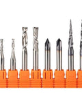 Badass Solid Carbide CNC Router Bits And Milling Cutters Hella Precise For Woodworking T Slot Engraving Tasks Built Different Strong Enough For Any Killer Eight Piece Set in orange holders.