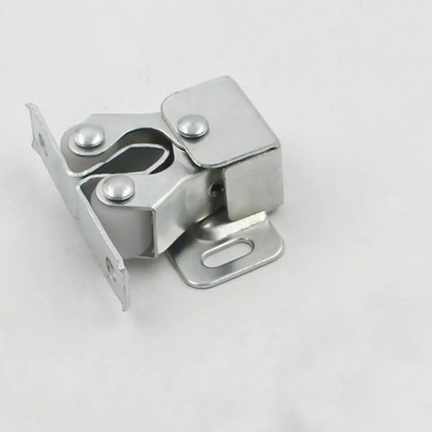 Close-up of a 15 Pack Stainless Steel Double Roller Cabinet Door Catch Latch showcasing dual-wheel design for quiet operation