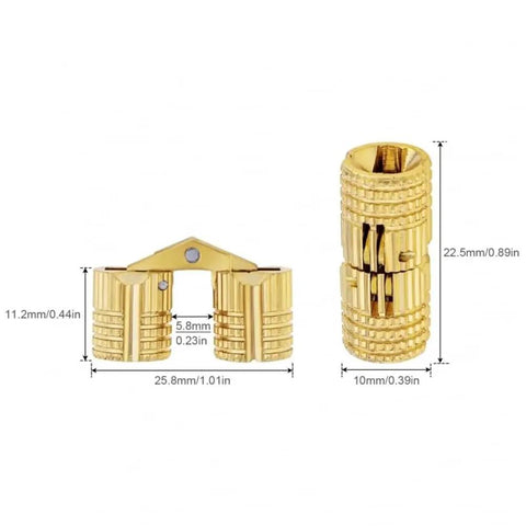 Hidden Brass Hinges 8 Pack 10mm Concealed Hinges With 180 Degree Opening showing sizes and smooth roller for DIY projects.