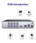 Back view of DVR showing 8-channel video inputs, HDMI output, USB, Ethernet, and power adapter for 8 Channel 1080P Wired Home Security System With Standalone DVR And 1TB HDD Built In Human Detection CCTV Ready 5 In 1 CVBS AHD TVI CVI IP Support Plug And Play Setup Clear Night Vision Real Time Monitoring.