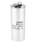 CBB65 Round Aluminum Foil Capacitor 60uF 450V Motor Start Component For Air Conditioners And Industrial Equipment Compact High Capacity Heavy Duty Build For Humid Environments, front view