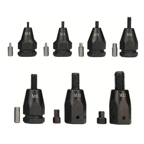 Various sizes of rivet nuts including M3, M4, M5, M6, M8, M10, M12 for the Built Tough Heavy Duty Cordless Electric Rivet Gun.