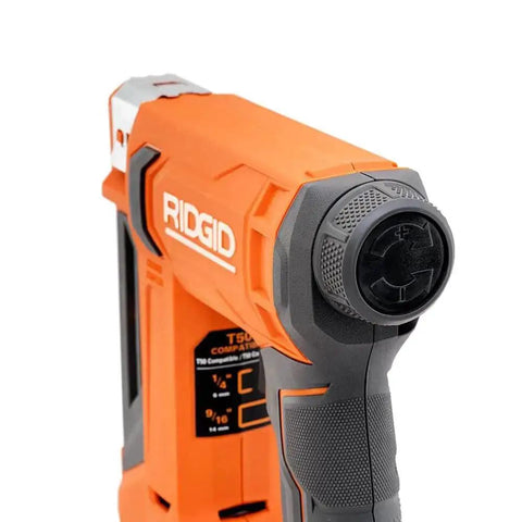 Close-up of 18V Cordless Crown Stapler With Three Eighth Inch Heavy Duty Fasteners And Two Point Oh Amp Hour Battery charger kit