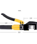 Top Tier Manual Hydraulic Crimping Tool With Nine Sets Of Dies For Heavy Duty Wire Termination showing dimensions and detailed design.