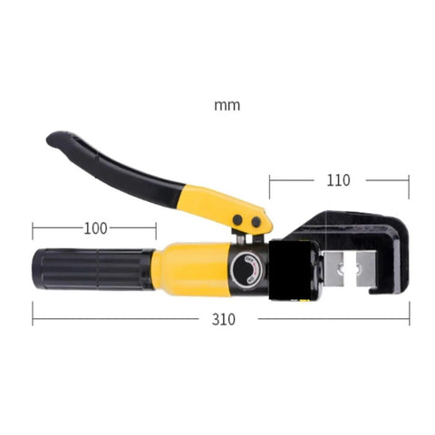 Top Tier Manual Hydraulic Crimping Tool With Nine Sets Of Dies For Heavy Duty Wire Termination showing dimensions and detailed design.
