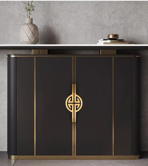 Elegant cabinet with Top Notch Vintage Brass Cabinet Pulls Set Semi Circular Gold Dresser Handles, large round design on dark wood.