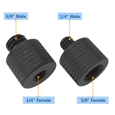 Slick 1/4 Male To 3/8 Female Thread Adapter With Double Head Stud Bolt showing 1/4" Male and 3/8" Male connectors in black.