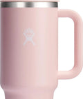 On The Fly 40 Oz Stainless Steel Travel Tumbler With Comfort Grip Handle And Leak Proof Straw Lid in pink color, ergonomic design.