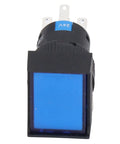 Thinking Process: blue 24V push button switch with black housing and metal terminals, front view