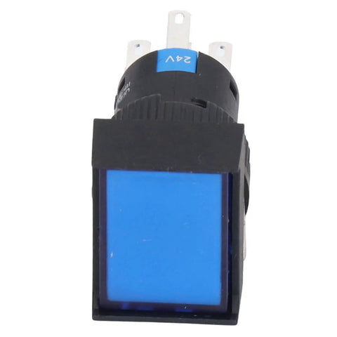 Thinking Process: blue 24V push button switch with black housing and metal terminals, front view