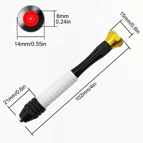 Handy Pin Vise Drill Set For Crafting And Jewelry Making, tiny twist drills dimensions shown, non-slip rubber grip, compact tool.