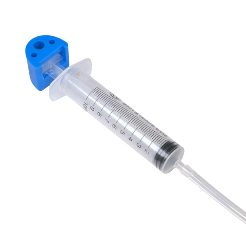 Close-up of a 10ml plastic syringe with blue adapter and tubing from the Hydraulic And Pneumatic Bulk Kit For STEM Projects