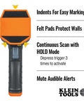 Electronic Stud Finder Pro Grade Ultra Handy With Cross Line Lasers, Bubble Level And LED And Audio Alerts For Wood And Metal Studs, Class 3R Laser 15 Feet In All Directions, Batteries Included, orange front view