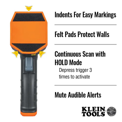 Electronic Stud Finder Pro Grade Ultra Handy With Cross Line Lasers, Bubble Level And LED And Audio Alerts For Wood And Metal Studs, Class 3R Laser 15 Feet In All Directions, Batteries Included, orange front view