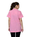 Back view of a Pink Lab Coat For Women And Men, Short Sleeve Unisex Medical Jacket With Spill-Proof Protection, Size M.
