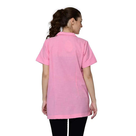Back view of a Pink Lab Coat For Women And Men, Short Sleeve Unisex Medical Jacket With Spill-Proof Protection, Size M.