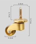 Four Piece Solid Brass Universal Caster Wheels with dimensions, 2.8cm height, 2.7cm width, ideal for smooth furniture moving.