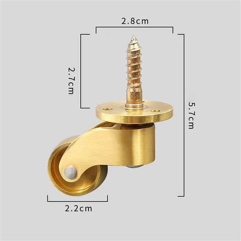 Four Piece Solid Brass Universal Caster Wheels with dimensions, 2.8cm height, 2.7cm width, ideal for smooth furniture moving.