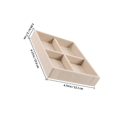 No Sweat Beige Velvet Jewelry Tray With Four Grid Compartments For Quick Sorting Rings Earrings And Bracelets Easy Drawer Insert Organizer dimensions laid out on a flat surface.