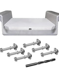 4 Inch Setback Jack Plate For Outboard Motors Up To 35 HP With Manual Lift System And Wooden Mounting Block Included Improve Engine Clearance Distance From Transom For Skiffs And Small Aluminum Boats. 4-inch aluminum jack plate with bolts and drill bit