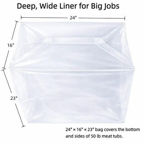 Heavy Duty 50 Pound Meat Lug Liners, 10 Pack, 4 Mil Thick Tub Liners For Meat Totes, 24 x 16 x 23 Inch Bags, clear liner detail