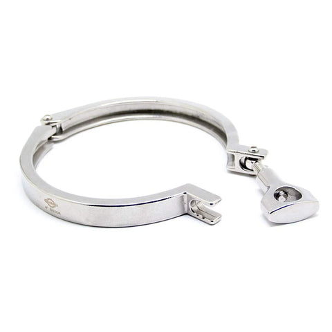 Stainless steel 4-inch tri-clamp with wing nut and single pin, front view.