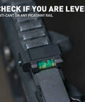 Low Profile Picatinny Anti Cant Level Bubble mounted on rifle rail, checks vertical alignment to stop scope cant drift.