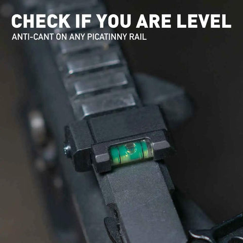 Low Profile Picatinny Anti Cant Level Bubble mounted on rifle rail, checks vertical alignment to stop scope cant drift.