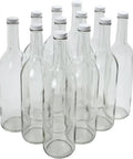 Go To 12 Pack Clear Glass Bottles With No Sweat White Screw Caps Ideal For Bottling DIY Wine Craft Liquor Small Batch Beer Plus Zesty Smoothies Anytime You Want To Save Money, displayed from an angle showing ten clear bottles.