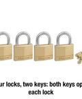 Solid Brass Padlock With Key 4 Pack For Indoor Outdoor Use Built To Last Heavy Duty Lock Set shown with two keys.