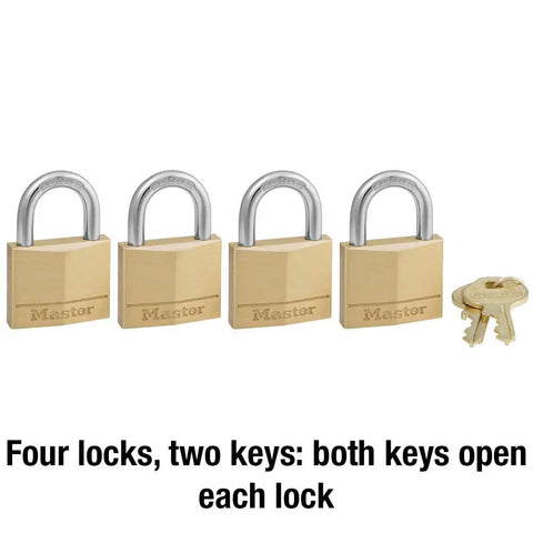 Solid Brass Padlock With Key 4 Pack For Indoor Outdoor Use Built To Last Heavy Duty Lock Set shown with two keys.