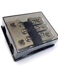 Bassik High Current 3 Way Fuse Distribution Block for Car Audio Accepts 0 or 4 Gauge Input Two Fused 0 Gauge Outputs and One Fused 4 Gauge Output 300 Amp Capacity Heavy Duty Power Block With Secure Set Screws, clear cover
