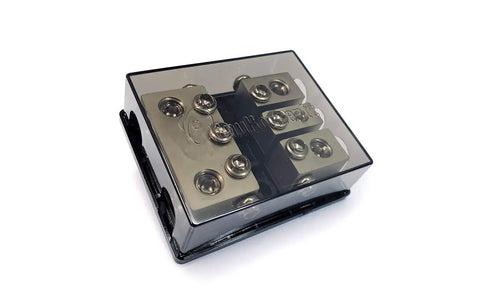 Bassik High Current 3 Way Fuse Distribution Block for Car Audio Accepts 0 or 4 Gauge Input Two Fused 0 Gauge Outputs and One Fused 4 Gauge Output 300 Amp Capacity Heavy Duty Power Block With Secure Set Screws, clear cover