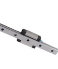 LML9B Miniature Linear Guide Rail 9mm Width with Slide Block, showing 4-point contact design and lubrication system, angled view