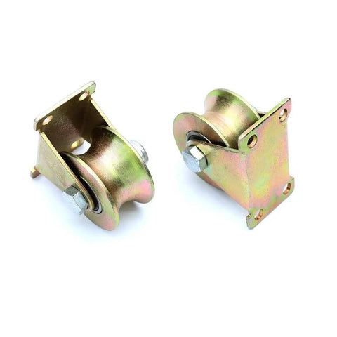 Heavy Duty U Groove Track Wheels For Sliding Gates And Barn Doors Galvanized Steel Rollers shown in close-up view with bolts and nuts.