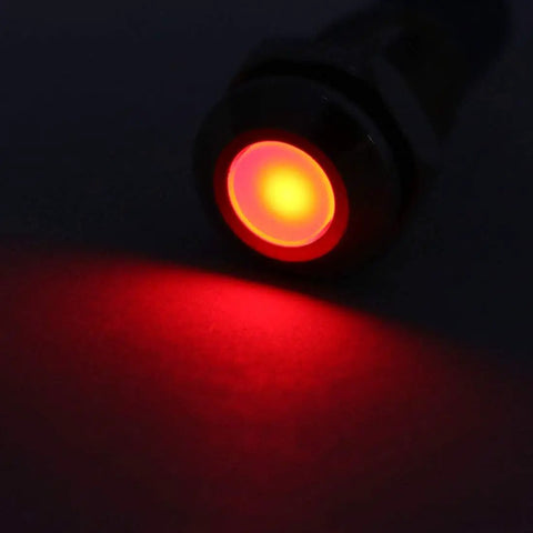 12V-24V AC DC Red LED Indicator Light, 8mm Panel Mount, Waterproof Metal Shell Warning Lamp glowing red light close-up