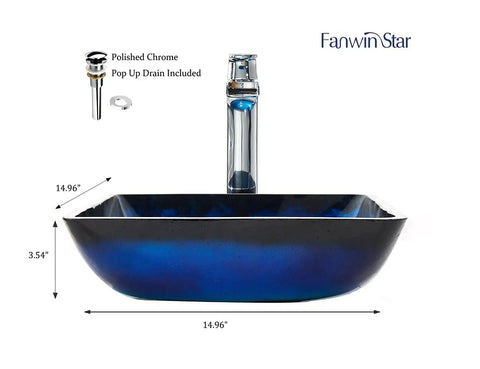 Dope Blue Square Tempered Glass Vessel Sink With Pop Up Drain For Above Counter Vanity Lustrous Deco Glass Finish Modern
