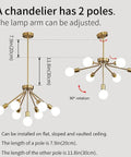 Diagram of gold Sputnik 7-light modern pendant chandelier with deformable arms, adjustable 7.9in and 11.8in poles for various ceilings.