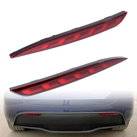 Straight Swap Led Rear Bumper Brake Lights With Sequential Drl Turn Signal Lamps For 2020 To 2023 Tesla Model Y red housing view from above.