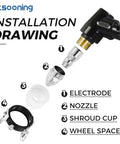 Installation drawing of 80 Amp P80 Plasma Cutting Torch Consumables Kit, showing electrode, nozzle, shroud cup, and wheel spacer.