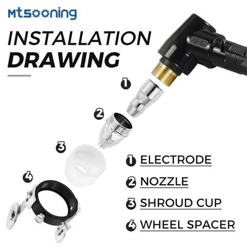 Installation drawing of 80 Amp P80 Plasma Cutting Torch Consumables Kit, showing electrode, nozzle, shroud cup, and wheel spacer.