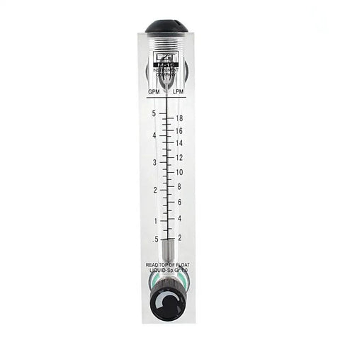 Front view of Panel Type Water Flow Meter With Adjustable Range 0.5 To 5 GPM And 2 To 18 LPM One Half BSP Thread 20mm Inlet Center Distance 128mm