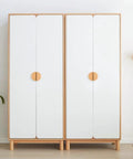 Minimalist white wardrobe with wood semicircle handles for kitchen cabinets and cupboards, showcasing four pack semicircle wood cabinet handles beechwood solid wood vintage hardware for kitchen cabinets drawers cupboards 4.7 inch length with 2.52 inch center to center mounting holes.
