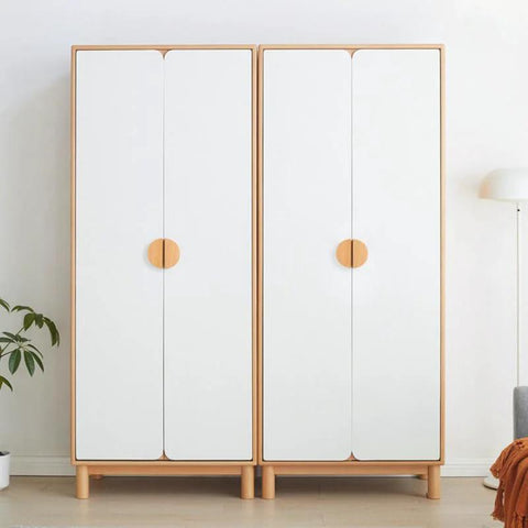 Minimalist white wardrobe with wood semicircle handles for kitchen cabinets and cupboards, showcasing four pack semicircle wood cabinet handles beechwood solid wood vintage hardware for kitchen cabinets drawers cupboards 4.7 inch length with 2.52 inch center to center mounting holes.